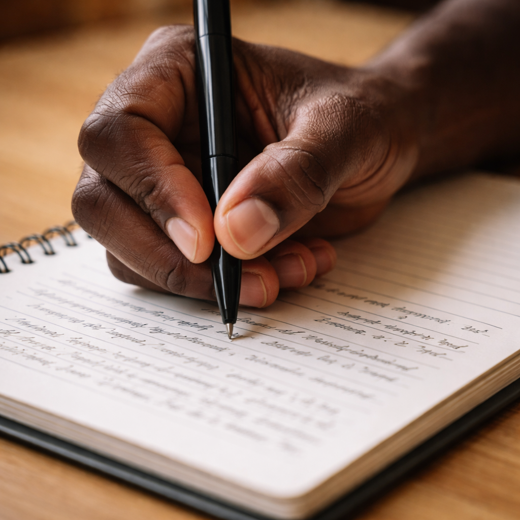 photographic Une main noire qui crit sur une cahier avec un stylo feutre noir-2